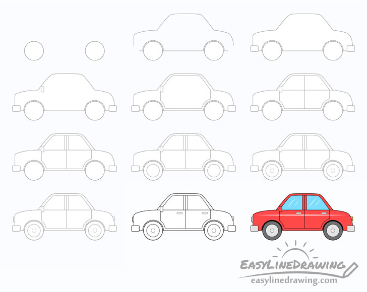 How to Draw a Cartoon Car in 12 Steps - EasyLineDrawing