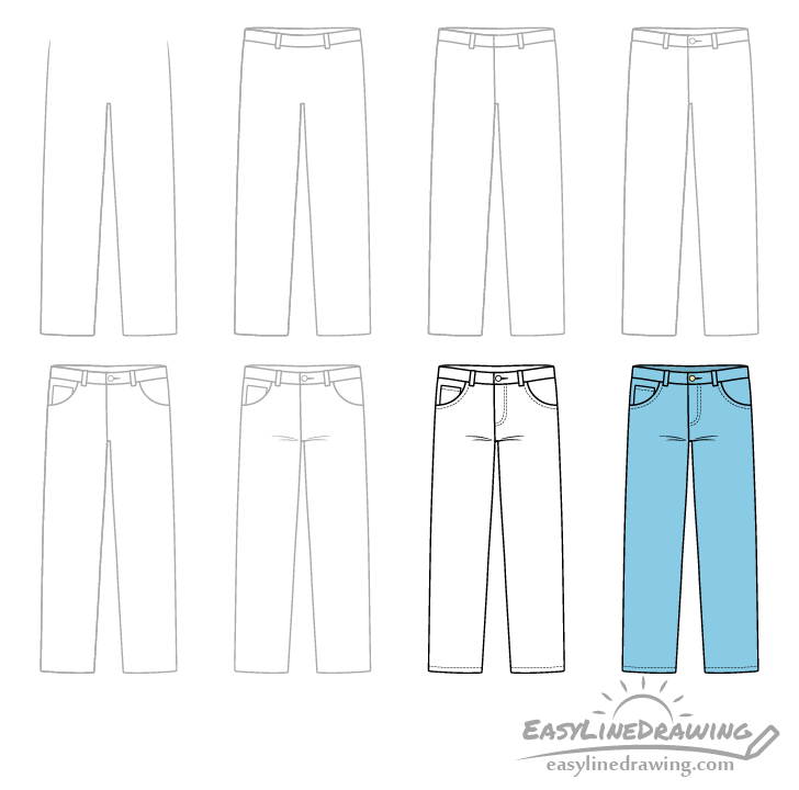 Straight Jeans Denim pants technical fashion illustration with full length  low waist rise 5 pockets belt